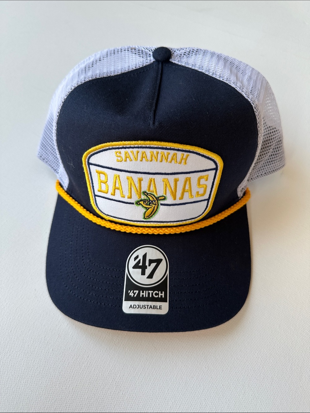 New Savannah Bananas ‘47 Adjustable Navy and Yellow Rope Mesh Trucker Hat